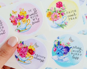 spring teacups - pray more worry less - 2 inch circle stickers - SET OF 20