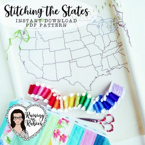 May include: A cross-stitch map of the United States with the text "Stitching the States." Includes spools of colourful embroidery floss, a floral patterned pouch, and small scissors. The pattern is an instant download PDF.
