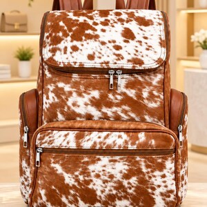 Brown White Cowhide Leather Backpack, Hair On Hide Backpack, Genuine Leather Travel Bag, Western Backpack, Large Laptop Backpack, Rustic Bag