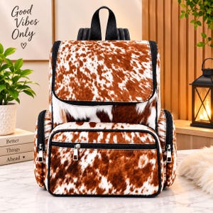 Cowhide Leather Backpack, Brown White Hair On Hide Backpack, Handmade Leather Travel Bag, Western Backpack, Large Unisex Daypack