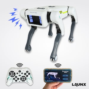 May include: A white and dark gray robotic dog toy with the word MACHINE printed on its head, accompanied by a white remote control with multiple buttons and a smartphone displaying a control interface, all featuring wireless connectivity icons.