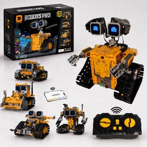 May include: A Robots Pro 5-in-1 building block set featuring a yellow and black robot with treaded tracks, two square blue LED eyes, and articulated arms. The set includes a black remote control, a smartphone app interface, and a display box.