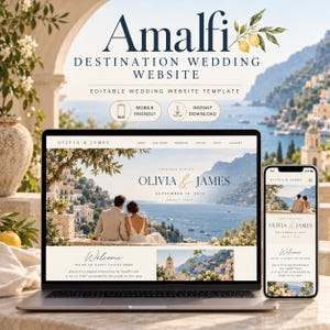 Peut inclure: Un modèle de site web de mariage modifiable pour une destination à Amalfi, affiché sur un ordinateur portable et un smartphone. Le design présente les noms Olivia et James, un paysage côtier italien et des citrons.