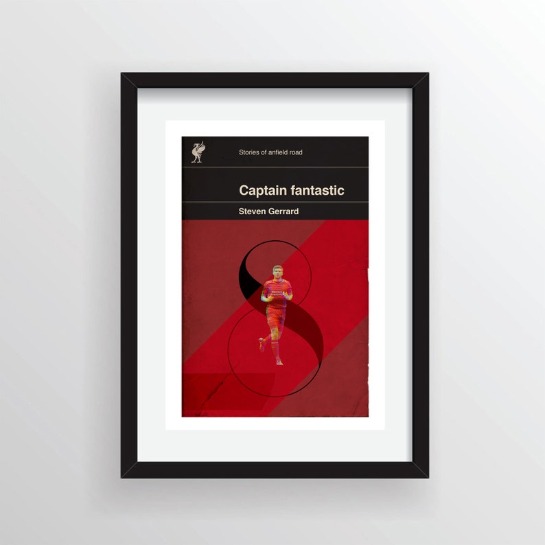 May include: A red and black book cover with the title "Captain fantastic" and the author "Steven Gerrard". The cover features a red number eight with a silhouette of a soccer player in the center.