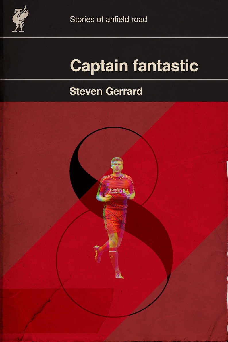 May include: A red and black graphic design featuring a soccer player wearing a red jersey with the text "Standard Chartered" on the front. The player is running with the number 8 in the background.