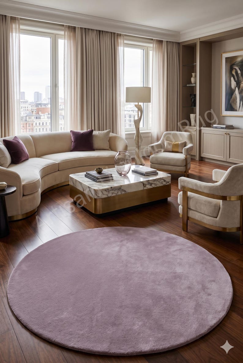 Handloom Solid New Zealand Wool Carpet Round Lilac Circular Luxury ...
