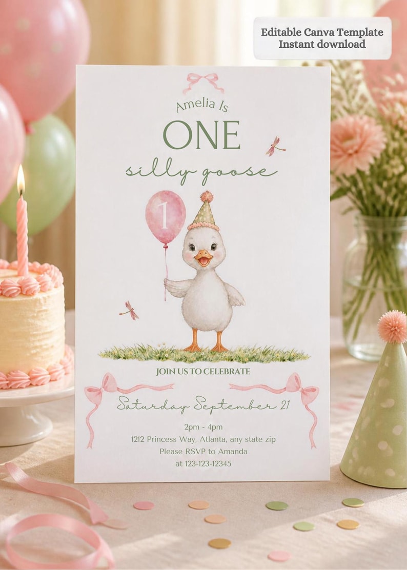 Number One Ribbon Printable One Silly Goose Invite, 1st Birthday Girl Invitation Printable, Pink ...