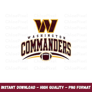 May include: A graphic logo featuring a large burgundy and gold letter W above the text WASHINGTON COMMANDERS in a bold, arched font. Below the text is a curved line and a small football icon, all rendered in burgundy and gold colours.