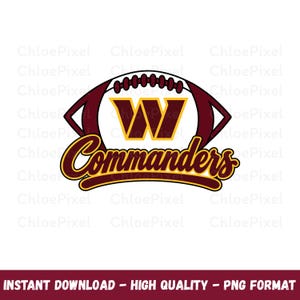 May include: A graphic design featuring a stylised football shape in burgundy and gold. A large gold letter W with a burgundy outline sits in the centre. The word Commanders is written in a gold cursive script with a burgundy outline below the W.