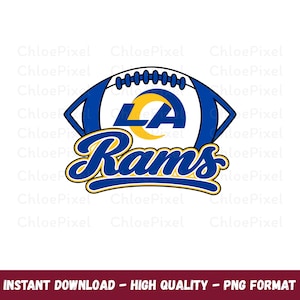 Puede incluir: Un logotipo gráfico que presenta una forma de balón de fútbol americano estilizada en azul y blanco, que contiene las letras LA en azul con una forma de media luna amarilla detrás, y la palabra Rams en letra cursiva azul.