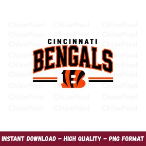 Peut inclure: Un design graphique présentant le texte CINCINNATI BENGALS en lettres noires grasses avec des contours orange. Sous le texte se trouve un grand logo en forme de lettre B orange et noir, encadré par deux lignes horizontales orange et noir.