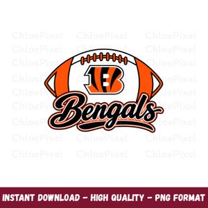 Könnte beinhalten: Eine grafische Darstellung eines Footballs mit einem orange-schwarz gestreiften Buchstaben-B-Logo. Das Wort Bengals ist in einer fetten, schwarzen Schreibschrift mit orangefarbener Umrandung direkt unter der Football-Grafik abgebildet.