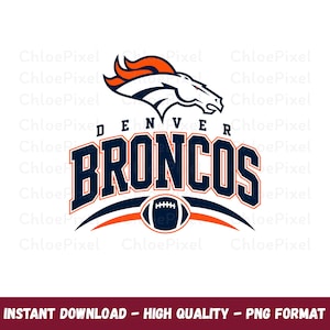 May include: A graphic logo featuring a stylised white horse head with an orange mane, positioned above the text DENVER BRONCOS in bold navy blue letters with orange outlines, and a navy blue football icon centred below the team name.