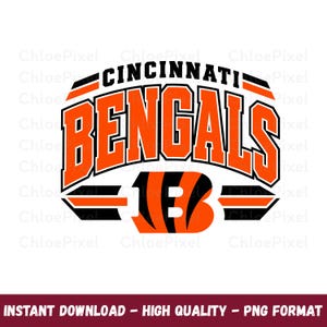 May include: A graphic design featuring the text CINCINNATI BENGALS in bold orange letters with black outlines, arched over a large orange and black tiger-striped letter B logo, all set against a clean white background with horizontal black and orange bars.