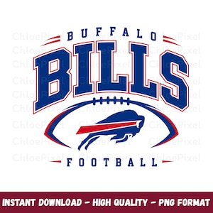 Könnte beinhalten: Ein Grafikdesign mit dem Text BUFFALO BILLS in fetten blauen Blockbuchstaben mit roten Umrandungen, platziert über einer stilisierten blauen Büffelsilhouette mit einem roten Streifen, alles in einer fußballförmigen Umrandung.