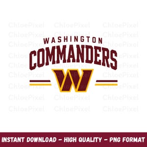 May include: A graphic design featuring the text WASHINGTON COMMANDERS in a bold, arched burgundy font. Below the text is a large, stylized burgundy letter W with gold outlines, flanked by two horizontal lines in burgundy and gold colours.