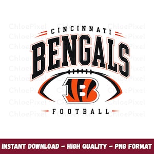 May include: A graphic design featuring the text CINCINNATI BENGALS FOOTBALL in black and orange block lettering. The design includes a stylised football shape with a large orange and black letter B featuring tiger stripes in the centre.