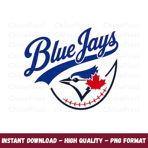 May include: A graphic design featuring the text Blue Jays in a blue script font above a stylized blue jay bird head silhouette. The design includes a red maple leaf and a curved red baseball stitch pattern on a white background.