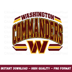 May include: A graphic logo featuring the text WASHINGTON COMMANDERS in a bold, arched burgundy font with gold outlines, positioned above a large, stylized burgundy and gold letter W, all set against a clean, plain white background.