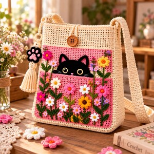 May include: A cream-coloured crochet crossbody bag featuring a pink front pocket adorned with colourful crocheted flowers and a black cat peeking out. The bag includes a wooden button closure and a dangling black and pink paw print charm.