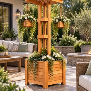 May include: A tall wooden planter box with a central vertical post and a top pergola-style trellis. Two square wooden hanging planters are suspended from the trellis, each filled with white flowers and trailing green foliage.