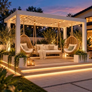 Puede incluir: Una pérgola de madera blanca en una terraza con dos sillas colgantes de mimbre y un columpio central con cojines color crema. El área está iluminada por guirnaldas de luces y luces de base, decorada con plantas en macetas y faroles.