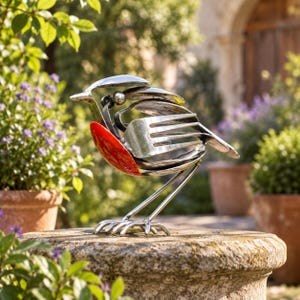 May include: A sculpture of a bird crafted from stainless steel cutlery, featuring a prominent bright red oval accent on the chest. The body is constructed from layered forks and spoons, with thin metal prongs forming the feet and a small ball bearing for the eye.