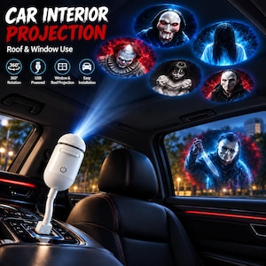 May include: A white USB-powered car interior projector with a flexible neck, displaying horror movie character projections on the vehicle roof and window. The device features a power button icon and text including CAR INTERIOR PROJECTION.