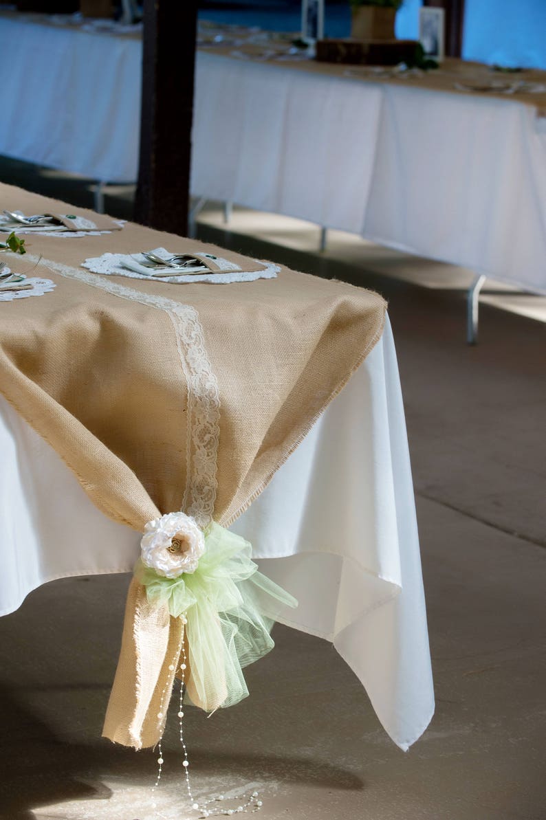Table runner made from burlap and ivory lace image 1