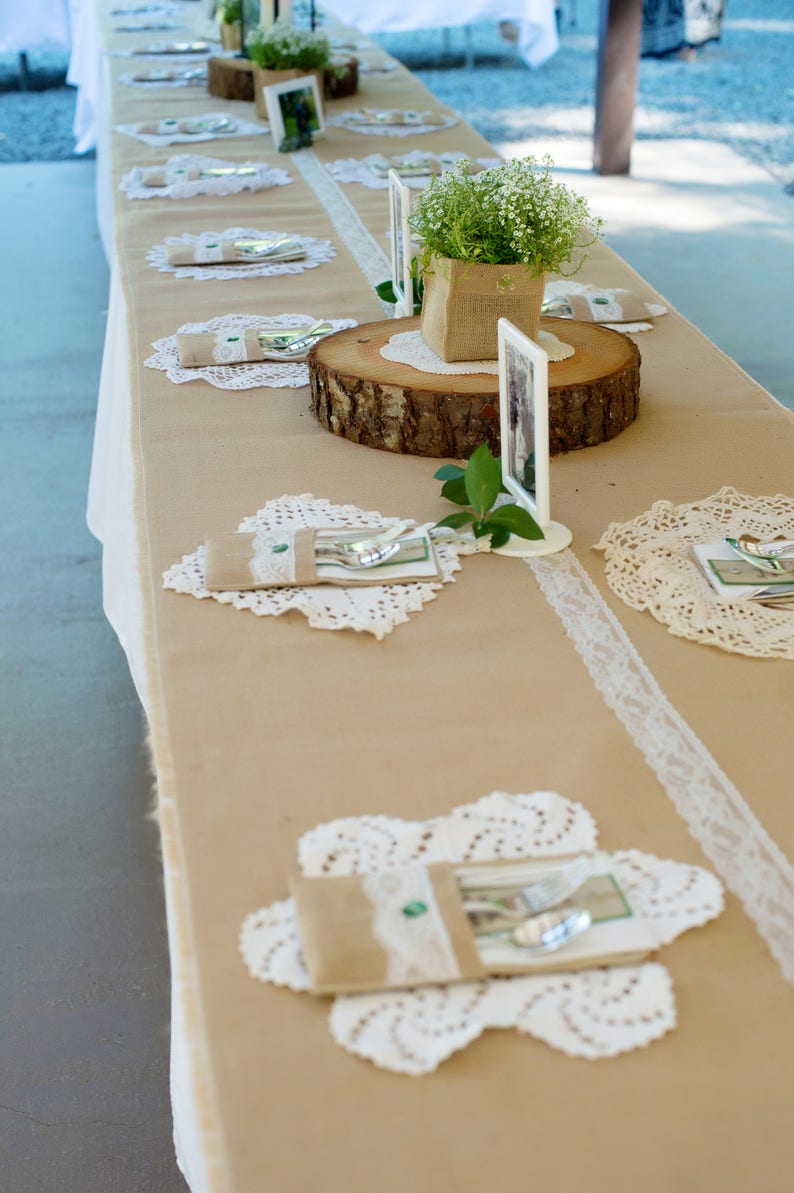 Table runner made from burlap and ivory lace image 9