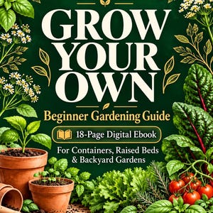 Może przedstawiać: Okładka cyfrowego e-booka zatytułowana GROW YOUR OWN Beginner Gardening Guide autorstwa Rooted and Ready Homestead. Ciemnozielone tło zawiera ilustracje bazylii, białych kwiatów i pomidorów oraz małą łopatkę ogrodową.