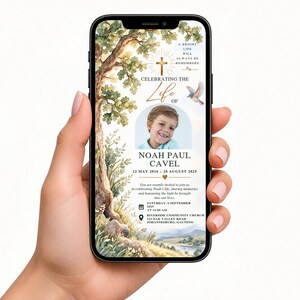 May include: A digital funeral invitation displayed on a smartphone screen featuring a watercolor landscape with trees, a cross, and a bird. It includes a photo of a young boy, the text Noah Paul Cavel, dates, and event details.