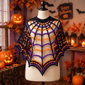 Könnte beinhalten: Ein gehäkelter Poncho mit Spinnennetz-Muster aus schwarzem, orangefarbenem und violettem Garn. Das Kleidungsstück wird auf einer Schneiderpuppe präsentiert und hat einen gewellten Saum mit einem sich wiederholenden Netzdesign.