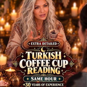 Op de afbeelding: Een kleine, gedessineerde Turkse koffiekop vastgehouden door een persoon met lang golvend haar. De afbeelding bevat de tekst: EXTRA DETAILED, TURKISH COFFEE CUP READING, SAME HOUR, +30 YEARS OF EXPERIENCE en SWIPE FOR MORE, tegen een achtergrond met kaarsen.