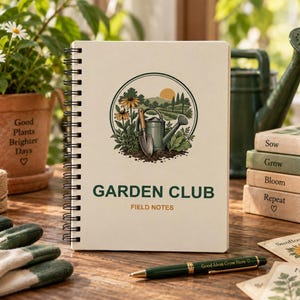 Op de afbeelding: Een spiraalgebonden notitieboek met een crèmekleurige kaft met een ronde illustratie van een tuinscène met een troffel en gieter. De tekst GARDEN CLUB en FIELD NOTES is gedrukt in donkergroen en oranje. Een groene pen ligt ervoor.