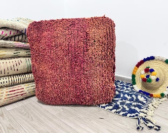 Moroccan Pink Shag Wool Pouf, Vintage Berber Rug Floor Cushion, Handmade Boho Ottoman Cover, Striped Floor Seating Footstool