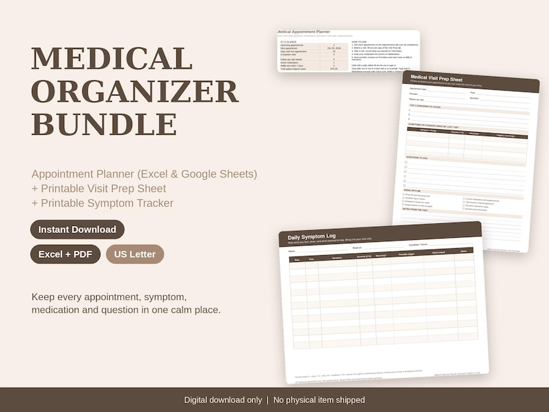 Medical Organizer Health Journal PDF Bundle, Appointment Planner Excel ...