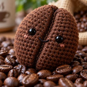 Pode incluir: Um brinquedo de pelúcia em forma de grão de café feito em crochê marrom, com uma costura vertical central, dois olhos redondos de plástico preto, um pequeno sorriso preto bordado e bochechas rosadas, sobre grãos de café torrados.