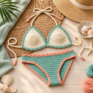 May include: A two-piece crochet bikini set featuring a cream-colored triangle top with a teal scalloped edge and matching teal bikini bottoms with a peach-colored scalloped waistband and leg openings, complete with cream-colored tie strings.