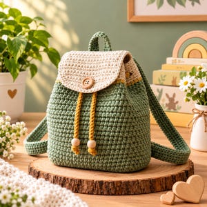 Könnte beinhalten: Ein salbeigrüner gehäkelter Rucksack mit einer cremefarbenen Klappe, die mit einem einzelnen Holzknopf verschlossen wird. Der Rucksack verfügt über zwei senfgelbe Kordelzüge mit hellen Holzperlen an den Enden und zwei passende grüne Schulterriemen.