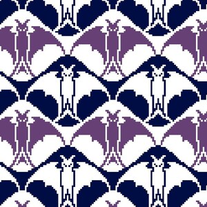 May include: A repeating pixel art pattern featuring stylized bats in alternating purple and white colors. The bats are arranged within a grid of dark navy blue diamond shapes, creating a geometric design with sharp, blocky edges and high contrast.