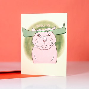 Cartão de aniversário de Touro, presente de Touro, amigo de cartão de aniversário de cachorro do zodíaco, aniversário de maio de abril, cartões de astrologia, arte de pit bull