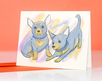 Gemini Zodiac Card, June birthday card, chihuahua twins card, astrology gifts for air signs, dog birthday card for sister, for best friend
