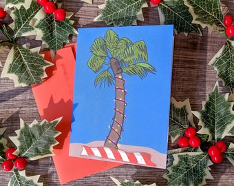 Cartão de Natal de praia, cartão de felicitações de férias de palmeira, presente para mãe, cartão para tia, cartões de Natal tropicais, cartão de Natal da Califórnia