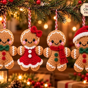 May include: Four crocheted gingerbread ornaments hanging from red and white striped strings. Each figure has a tan body, white icing details, and black eyes. They feature accessories including a green bow tie, a red dress, a red scarf, and a Santa hat.