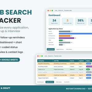 Puede incluir: Una plantilla digital de seguimiento de búsqueda de empleo para Excel y Google Sheets. La pantalla muestra un panel con estadísticas de solicitudes y un gráfico de estado codificado por colores, junto a una vista detallada de la hoja de cálculo.