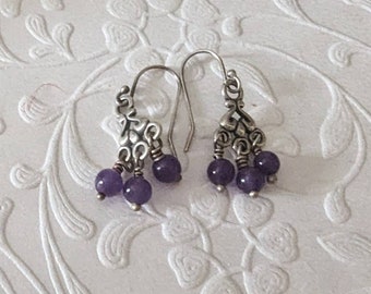 Amethyst Sterling Silver Earrings, Purple Gemstone Earrings, 3 Gemstone Sterling Silver Chandelier