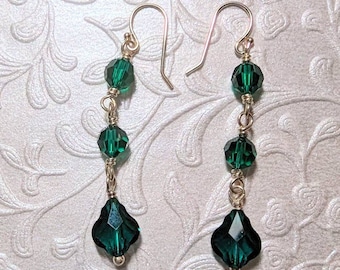 Emerald Swarovski Teardrop Earrings,  Dark Green Crystal Drop Earrings Sterling Silver, Wire Wrapped Silver Swarovski Crystal Earrings