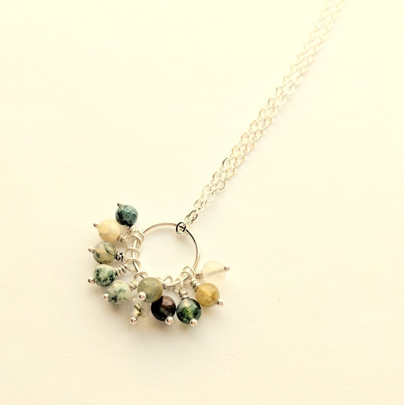 Green Fancy Jasper Stones Wire Wrapped on Fine Silver Ring and Sterling Silver Chain Semi Precious Gemstone Necklace Modern Necklace