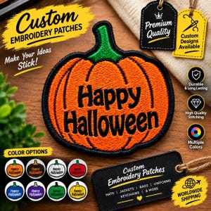 Parche bordado personalizado de Halloween / Diseño personalizado de calabaza, fantasma y murciélago (para planchar)